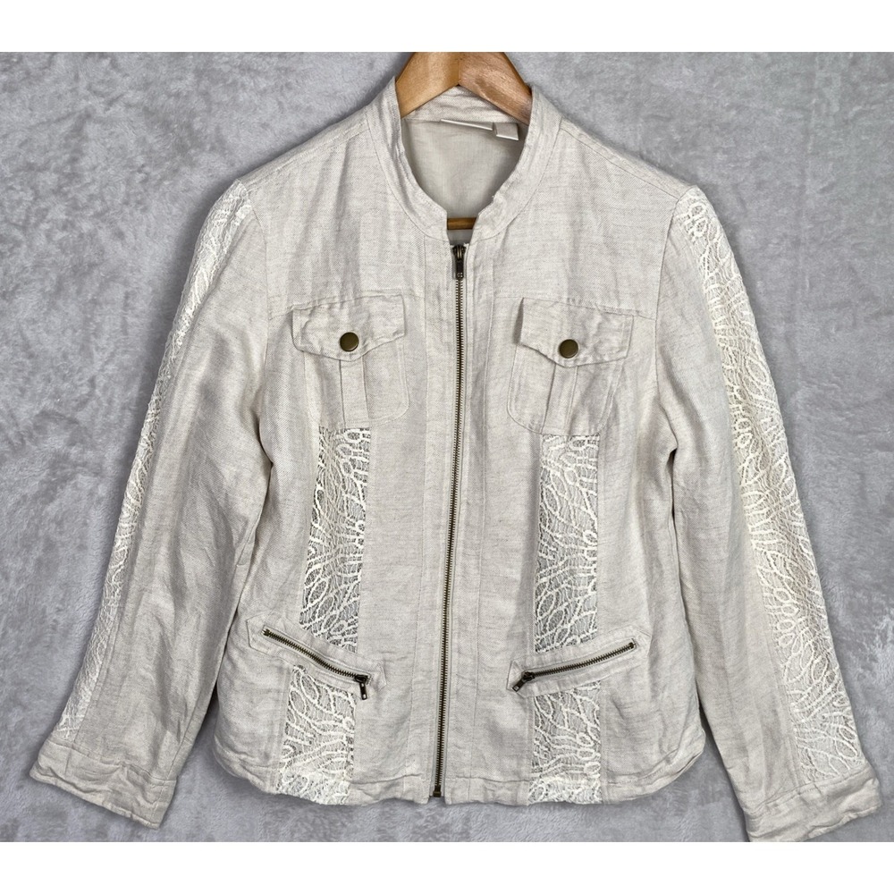 Chico's Women's Linen‎ Jacket Lace Beige Oatmeal Multi-Pocket 1 Medium 8 10 M